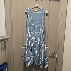 Lands Downunder Linen Dress S Blue Floral Lagenlook Italy Made Boho Coastal Midi